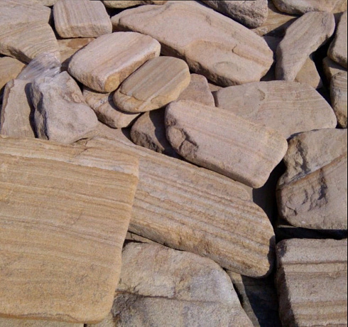 Kamenclub.ru: Песчаник пластушка галтованный желтый с рисунком (3 см)  купить в Московской области плитняк - пластушка желтый песчаник 21000 руб/м3   фото КАМЕНЬ КЛУБ