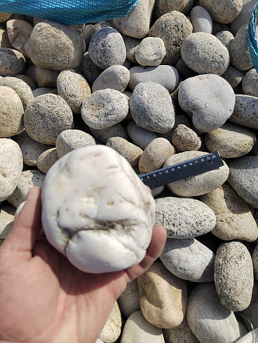 Kamenclub.ru: Галька речная окат (серо-белая) фр. 70-120 мм купить  в Московской области галька галечник бело-серая, серо-белая, серая, белая речная природная галька  8000 руб/т   фото КАМЕНЬ КЛУБ