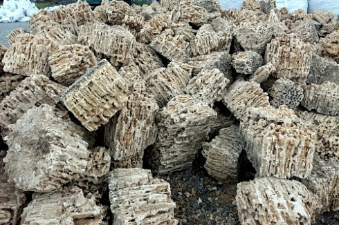 Kamenclub.ru: Крымский природный меотис фр. 100-500 мм.  купить в Московской области меотис бежевый рыжий молочный желтый ракушечник 4 500 руб/т   фото КАМЕНЬ КЛУБ