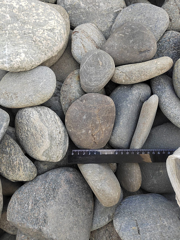 Kamenclub.ru: Галька речная плоская (ассорти) фр. 70-150 мм. купить  в Московской области галька галечник серый белый темно-серый синий светло-серый плоская природная галька  9000 руб/т   фото КАМЕНЬ КЛУБ